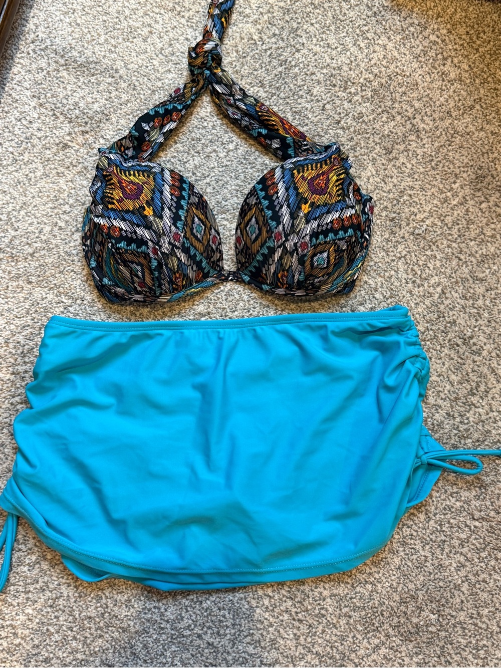 Hapari Teal Blue Skirted Bikini with Multicolor Aztec Print Top